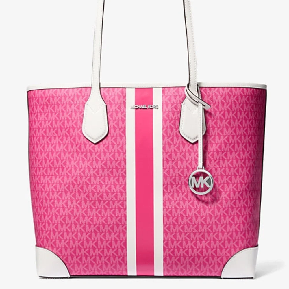 Michael Kors Eva Large Signature Logo Stripe Shoulder Tote Bag Dragonfruit  NWT